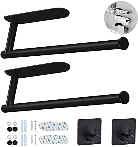 SAMSYOKI 2 Stück Küchenrollenhalter Ohne Bohren,Schwarz küchenpapierhalter Wand Papierrollenhalter Edelstahl mit 2 Handtuchhaken, Selbstklebend Rollenhalter Unter Schrank für Küche Bad