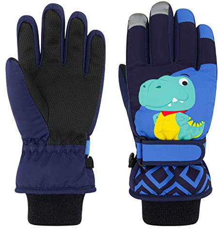 QKURT Gants de Ski pour Enfants, Gants de Neige Imperméables d'hiver, moufles de Ski de Dinosaure, moufles de Sports de Plein air pour Enfants pour Luge, Snowboard, Filles et Garçons de 2 à 13 Ans