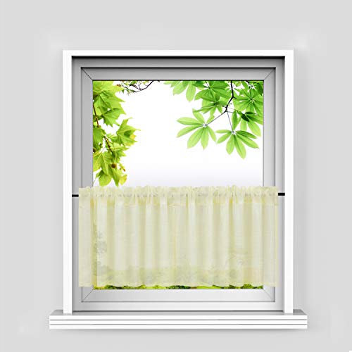 HeichkelL Leinen-Optik Scheibengardinen Halb Transparent Bistrogardine Landhausstil Kurzstores 2er Set Küche Gardinen Gelb HöhexBreite 30x120cm