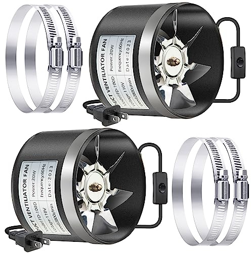 Dreyoo 2 Pack 4 Inch Inline Duct Fans with Duct Clamps, 110 CFM Ventilation Exhaust Fans HVAC Vent Blowers for Grow Tent, Mini Greenhouse, Basement, Hydroponic, Bathroom, Low Noise, Black
