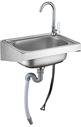 Landhaus-Wasserhahn-Spüle, Edelstahl-Werkstattspüle, Küchenspüle, Wandmontage-Spüle, gewerbliche Edelstahl-Spüle mit Wasserhahn für Waschküche, Hinterhof, spart Garagenplatz ( Size : 48*35cm/19*14in )