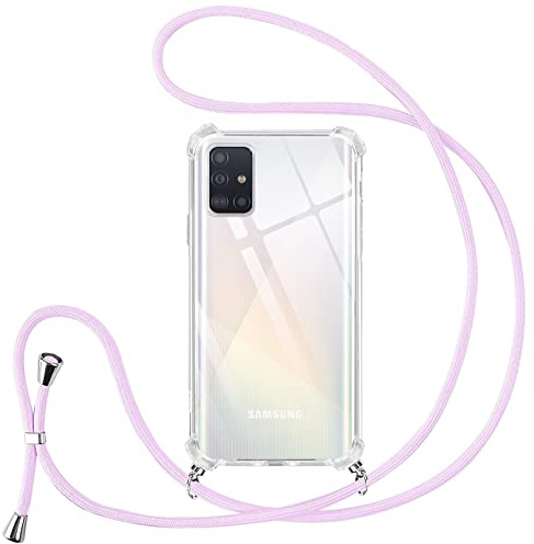 Vauki handyband für Samsung Galaxy A51 Hülle mit Band Handyhülle Silikon Transparent zum Umhängen Stoßfest mit Kordel Necklace Schnur TPU Bumper Case,Lila