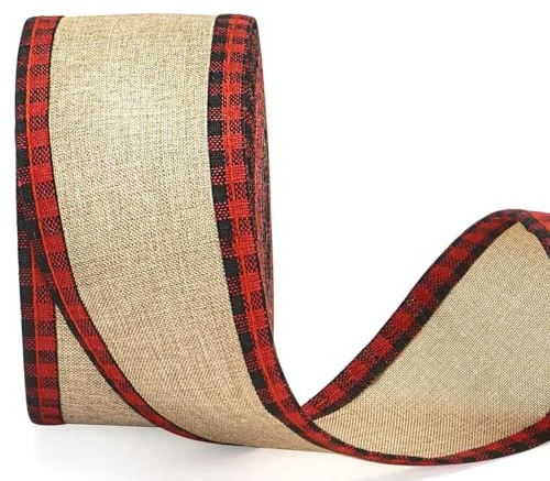 jijAcraft 10M Kariertes Sackleinen Band, 6 CM Weihnachtlichen Kariertes Band, Plaid Burlap Schleifenband Verdrahtet Plaid Bänder - für Weihnachts Dekoration, DIY Basteln, Bow Knot (Rot und Schwarz)