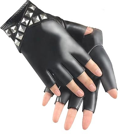 Long Keeper Fingerlose Lederhandschuhe Damen Handschuhe Leder Nieten Punk Costume Halbfinger Frauen Handschuhe Goth für Halloween Cosplay Moto, Einheitsgröße