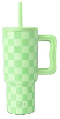 Simple Modern Thermobecher mit Silikonstrohhalm und Griff | Isolierter Edelstahl-Trinkbecher Eiskaffee-Reisebecher | Trek | 710ml | Lime Checkmate