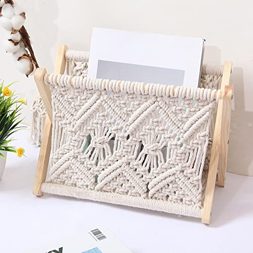 Qikam Makramee Zeitungsständer Kleine-r Boho Zeitungshalter Aufbewahrungskorb Tisch Bücherregal Baumwolle Zeitschrift Storage Organizer Für Bücher, Zeitungen, Notizbuch, Küche Büro