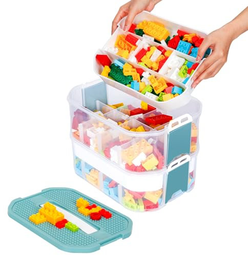 Kinder Aufbewahrungsbox für Lego Bausteine Aufbewahrung mit Deckel Kunststoff Aufbewahrungsboxen Organizer 2 Stufen Stapelboxen Staubox Ordnungsboxen Trennbare Sortierbox Spielzeugkiste Kinderzimmer