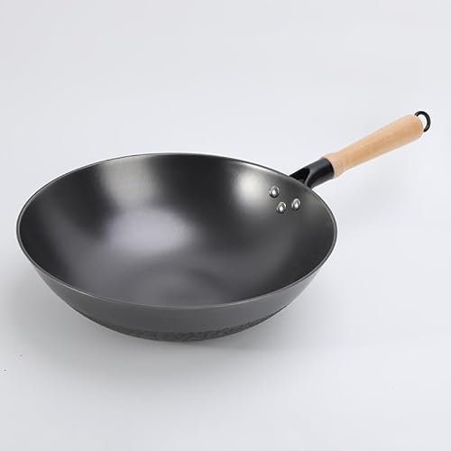 Wok Chino con Tapa Antiadherente, Wok de Hierro Fundido sin Revestimiento con Mango y Tapa de Madera para Todas Las cocinas de inducción eléctricas y de Gas, 34 cm (30 cm)