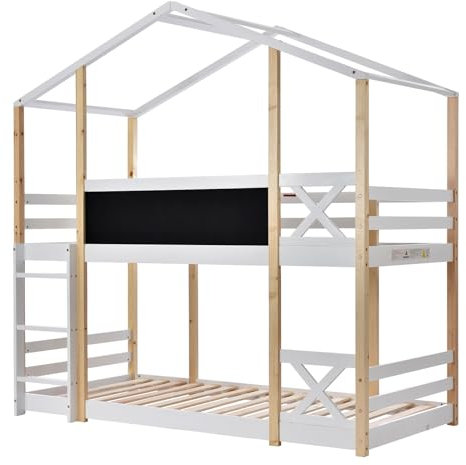 CGLYYDS Kinderbett Baumhaus,Trading Hochbett mit Leiter & Zwei Liegeflächen 90 x 200 cm,Baumhaus Bett mit Rausfallschutz und Tafel,Hochbett für Kinder– 2X Lattenrost