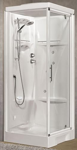 Novellini New Holiday GF80 Hammam 80 x 80 cm Cabine de douche multifonction ouverture battante mitigeur thermostatique verre transparent profil blanc réversible hydromassage sauna tige hauteur 225,5