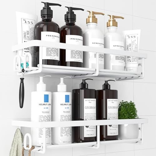 Kitsure Shower Caddy, Minimalist Style Bathroom Shelves, Large, White | 2 Pack Rustproof Wall-Mounted Shower Shelves, No Drilling Adhesive, Large Capacity Bathroom Organizer, Durable & Easy Install