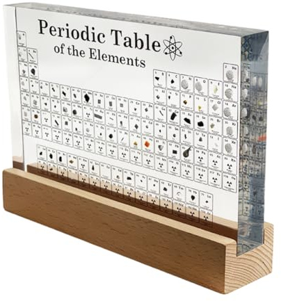 Tabla Periódica con Elementos Reales Grande (21 x 14 x 2,7 cm) y Base de Madera - Tabla Transparente y Soporte de Madera con Luz Led Blanca - Regalo Química para alumnos, profesores, aulas… (CON BASE)