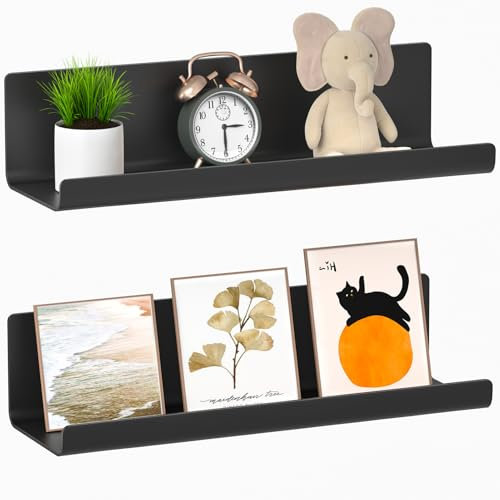 WELDUN Floating Shelves, Set of 2 Wall Mounted Shelf, Picture Ledge Display, Decorative Wall Shelves for Living Room, Bedroom, Bathroom, Kitchen, Home Office, Laundry room, Plastic, Black