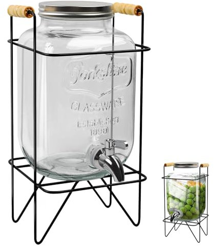 Dispenser per bevande in vetro da 4 l, con coperchio, dispenser per bevande con supporto e 304 rubinetti in acciaio inox, contenitore in vetro per bevande fredde, succo di ghiaccio, acqua, ecc