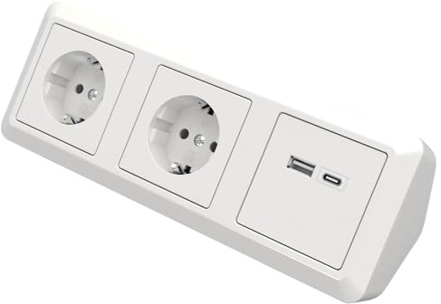 MC POWER Steckdosenblock Unterbausteckdose mit USB-C USB-A | Cup | USB Ecksteckdose, 2x Steckdose, 1x Aufbau, weiß, poliert