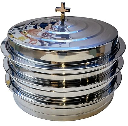 Polished Stainless Steel 3 Communion Trays with Cover for Church Service,Stackable 3 Communion Holy Serving Trays with 120pcs Cups,Cups Filler