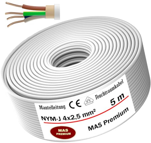 MAS Premium Câble d'alimentation NYM-J pour pièces humides - 5-100 m - 4 x 1,5, 2,5, 4, 6, 10 ou 16 - Câble électrique gainé NYM-J 4 x 2,5 mm², 5 m