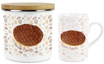 Purely Home Chocolate Digestive Mug & Canister Gift Set - Novelty Gifts for Foodies - Ceramic Mug & Enamel Biscuit Tin/Cookie Jar Present