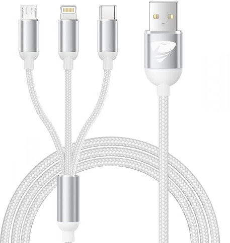 Multi Charger Cable, 3 in 1 3A USB Fast Charging Cord 1.2M Nylon Braided with Micro USB Type C Lightning Cable Connector for iphone, Samsung Galaxy, Oneplus, Kindle, LG, Android