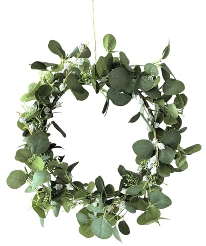 LNGODEHO Anillo decorativo de eucalipto verde natural y bayas de acebo de 14 pulgadas, corona de hiedra artificial para decoración de inauguración de la casa