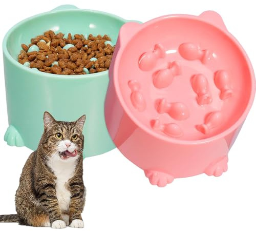 katmerio Anti Schling Napf Katze Erhöht, 2 Stück Slow Feeder Katze Nassfutter, Antischlingnapf Katze für Katzen und Kleine Hunde