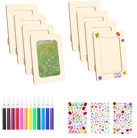 NCZCDZSW 8 Stück Bilderrahmen Bastelset DIY Holzbilderrahmen Set mit Selbstklebende Glitzersteine und farbige Stifte Naturholz DIY Fotorahmen Holzrahmen für Holzfarbe Geschenke Kunsthandwerk