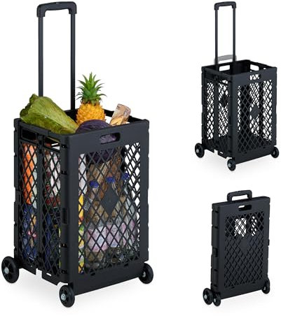 Relaxdays Einkaufstrolley klappbar, Einkaufskorb mit Rollen, bis 25 kg, Teleskopgriff, Gitter, hohe Rollkiste, schwarz