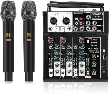 SOWOITIG Mesa de mezclas de karaoke con 2 micrófonos inalámbricos, mezclador de audio de 4 canales, consola de música, Soundboard, micrófono inalámbrico, consolas de mezclas con Bluetooth, puerto USB
