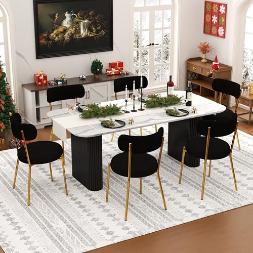 HAIZAO 70.9“ Modern Marble Oval Dining Table Set for 6, Classic Cream Style Kitchen Table with Black Gold Boucle Chairs, Mid-Century Large Dining Table Set for Kitchen, Dining Room, Meeting Room