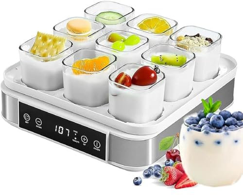 YLANMEI Yogurtera eléctrica de 40 W, yogurtera Plateada de Primera Calidad, yogurtera con 9 frascos de 170 ml, Yogur casero sin azúcar, con Temporizador Digital, Apagado automático, Pantalla LCD