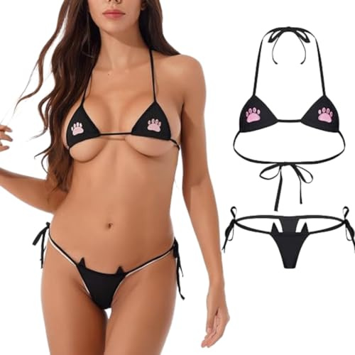 HOTSO Women Sexy Bikini Set Micro Swimwear Swimsuit Cute Cat Cosplay | Sheer Triangle Bra and Panty Underwear with Mini Thongs G String Anime Roleplay Lingeries Outfits for Raves Party