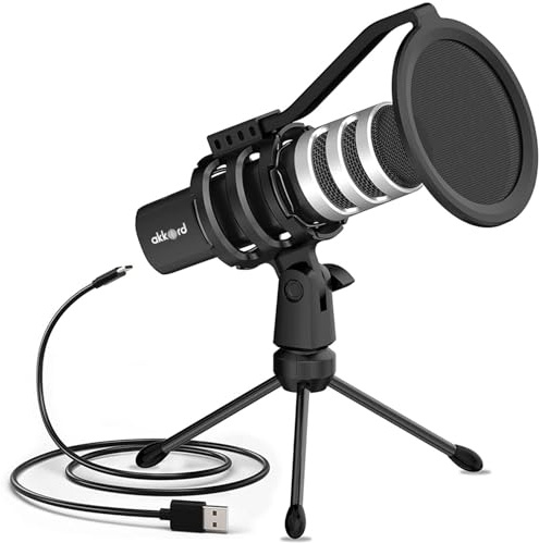 AKKORD Microfono USB con treppiede - Microfono a condensatore cardioide 192kHz/24Bit, diaframma da 9,7 mm, Plug & Play per podcasting, streaming, registrazione vocale, giochi - per PC, Mac, laptop