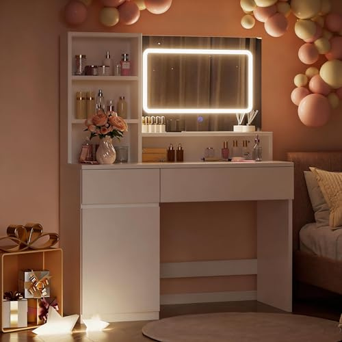 Airfish Schminktisch mit LED-Beleuchtung, 3 Farben Einstellbarer Helligkeitund, Frisiertisch mit Spiegel, 2 Schubladen, 4 Fächer & Schrank, für Schlafzimmer, Weiß