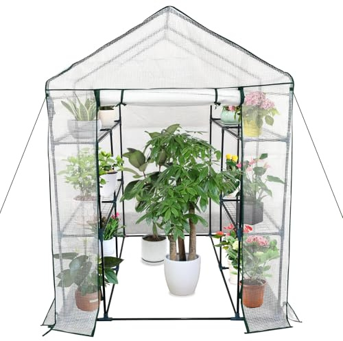 Begehbares Gewächshaus für den Außenbereich, 145 x 145 x193 cm, 3 Ebenen, 6 Regale, Gewächshaus-Set mit Türankern mit Reißverschluss und Seilen für Garten, Terrasse, Hinterhof