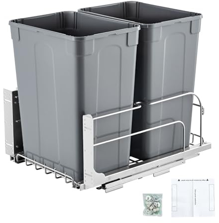 VEVOR Poubelle Coulissante sous Évier et sous Plan 2x32,8 L, Collecteur de Déchets avec Système Coulissant en Métal à Fermeture Douce, Système de Tri Sélectif Placard Meuble Bas, Cuisine, Gris