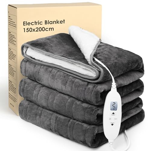 Electric Heated Blanket Throw,Electric Throw with 4 Heat Settings & 4 Hours Auto-Off Timer, LCD Display,Grey Heating Blanket Flannel Sherpa for Sofa and Bed,200 * 150CM