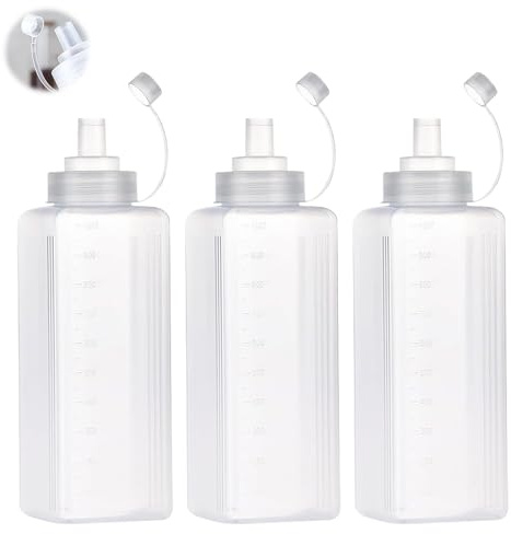 Docache Set med 3 flaskor Squeeze, PE-flaskor med mätskala, tättslutande, perfekta för ketchup, grillolja, bakning och camping (1000ML)