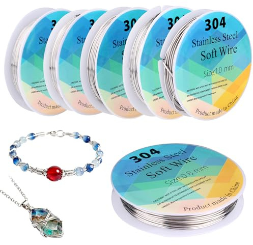 6 Rollos Alambre de Joyería Acero Inoxidable, Apto para Joyería Calibres 18/20/22/24/26/28 Ideal para Abalorios Collares Pendientes y Manualidades