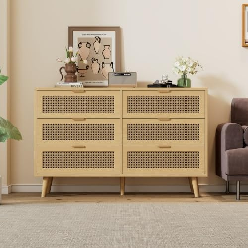 Merax Aparador de estilo retro con cajones de ratán y patas de madera maciza, 120 cm, color nogal, ideal como armario de salón o armario multiusos