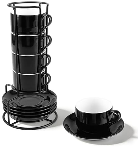 LDXDRU Espresso Tassen 4er Set, 100ml Espressotassen Set mit Ständer Stapelbar Dickwandig Kaffeetassen aus Porzellan für Cappuccino, Espresso, Latte