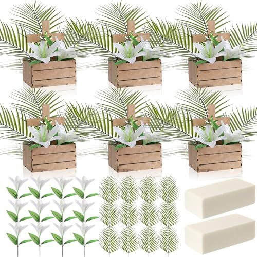 LemonRoad 6 Sets First Communion Table Decor Easter Wooden Cross Centerpieces Artificial Leaves Easter Lily with Cross Box for First Communion Baptism Party Christening Celebration Religious Decor
