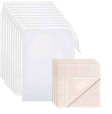 Besttoolifes Lot de 10 sacs filtrants réutilisables en coton bio avec 10 sacs de lait de noix et 3 étamines carrées, maille fine lavable pour filtrer le lait de noix