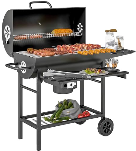 Outsunny Charcoal BBQ Grill with Warming Rack, Foldable Front Side Shelf, Portable Barbecue Smoker, Bottom Shelf, Lid, Temperature Gauge, Wheels, for Outdoor Garden Cooking Party, Black