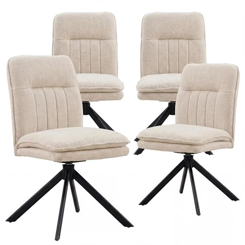 FurniSoar 4er Set 360° Drehbar Esszimmerstühle Beige, Ohne Armlehnen, Doppelte Polsterung & Bogen-Rückenlehne, Moderne Chenille-Stühle mit 360° Drehung & justierbaren Füßen, Robuste Basis