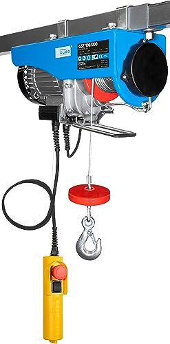 Güde Elektro-Seilzug GSZ 100/200 (450 W, GS-geprüft, max. Hubkraft ohne/mit Umlenkrolle 100/200 kg, inkl. 12 m Seil, Bedienelement mit Notausschalter, Sicherheitshaken, einfache Montage ohne Bohren)