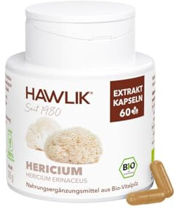 HAWLIK Vitalpilze Bio Hericium Extrakt Kapseln - 60 Kapseln - Mit Vitamin C - Natürlicher Anbau - Vegan - Magenfreundlich - Zuckerrohr-Dose
