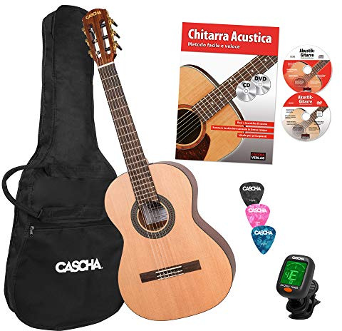 CASCHA 3/4 Classical Guitar Beginner Starter Set incl. Kopfbuch, Stimmgerät, Gigbag/Tasche, 3 Plektren