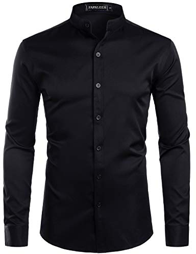 PARKLEES Camisa de hombre de una sola color, ajuste slim, fácil de planchar, manga larga, cuello alto, para negocios y ocio, Negro puro., M