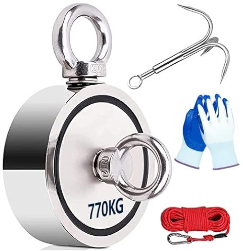 Peche a l'aimant Puissant Double Face Aimant de Peche 770kg 94MM Neodyme Super Puissant pour Peche Ramasse Monnaie Chasse Au Trésor avec Grapin Corde 20m Mousqueton Une Paire de Gants