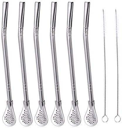 6 cannucce in acciaio inox riutilizzabili, con cucchiaio e cucchiaio per filtro e 2 spazzole per la pulizia, cucchiaio filtrato estraibile, 18,5 cm.